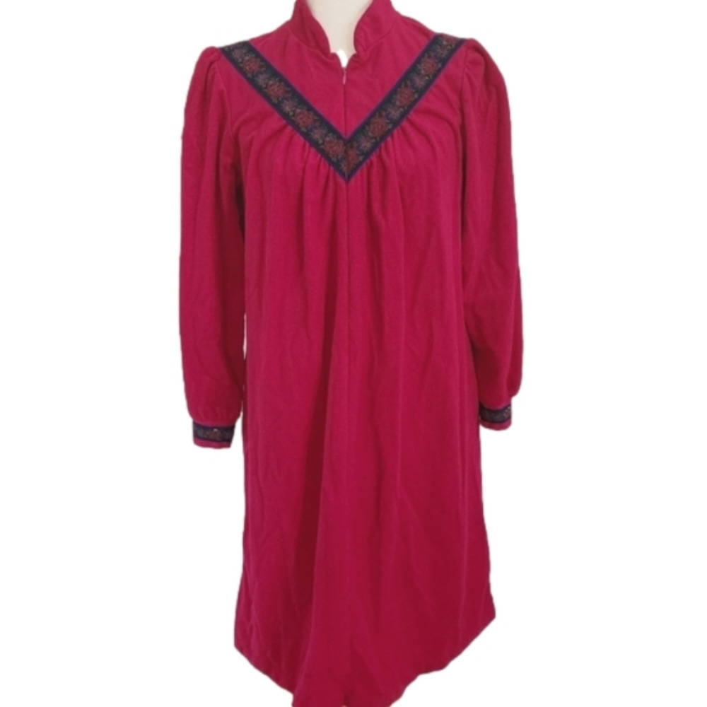 VINTAGE Fleece Cozy Fuschia Pink Floral Winter Zip Front House Coat Small